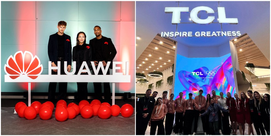 Hostess e promoter allo stand Huawei con palloncini a forma di cuore rossi e, accanto, l’evento TCL &ldquo;Inspire Greatness&rdquo; con una folla di partecipanti