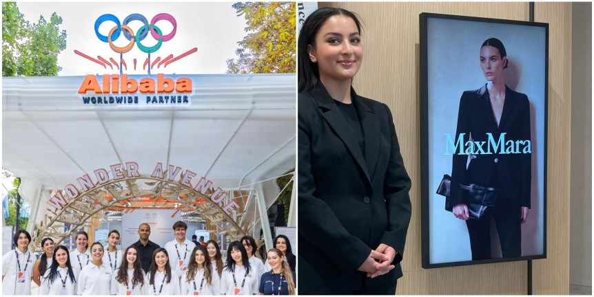 Promoter e brand ambassador all’attivazione Alibaba Olympic Worldwide Partner sotto i cerchi olimpici e, accanto, hostess allo stand Max Mara vicino a uno schermo brandizzato