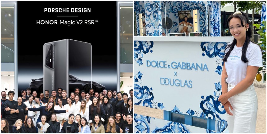 Staff per eventi al lancio Honor Magic V2 RSR Porsche Design con i partecipanti e, accanto, promoter allo stand Dolce & Gabbana da Douglas, in bianco vicino a un allestimento blu e bianco