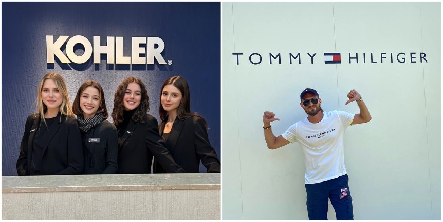 Quattro hostess in divisa nera allo stand Kohler e, accanto, promoter allo stand Tommy Hilfiger con una t-shirt bianca