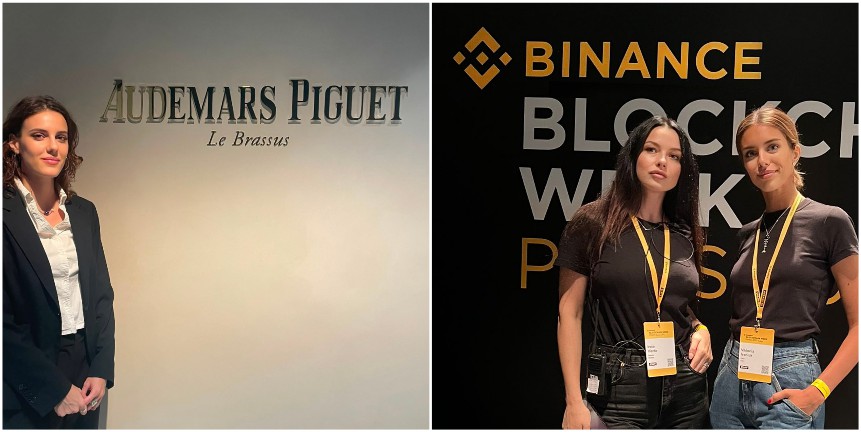 Hostess in blazer scuro allo stand Audemars Piguet e, accanto, due hostess con il pass al collo alla Binance Blockchain Week