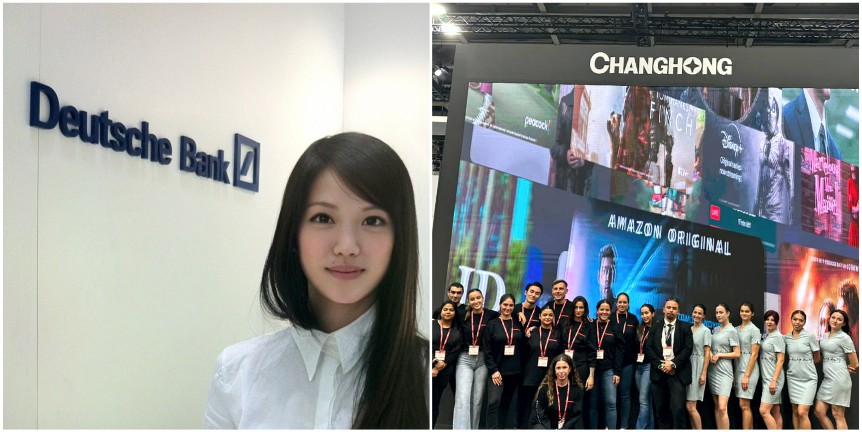 Hostess in camicia bianca allo stand Deutsche Bank e, accanto, staff e partecipanti all’evento Changhong in posa insieme