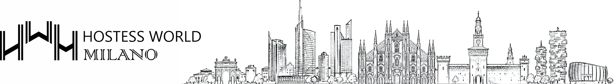 Skyline di Milano e logo di Hostess World Milano, agenzia di hostess e steward per eventi
